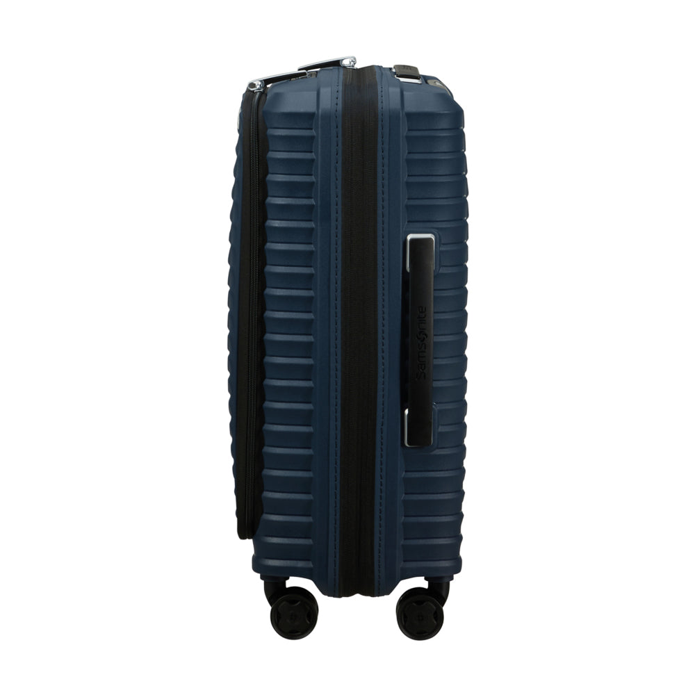 Samsonite Upscape 55cm blue cabin suitcase with front pocket, featuring a sleek design and durable wheels.