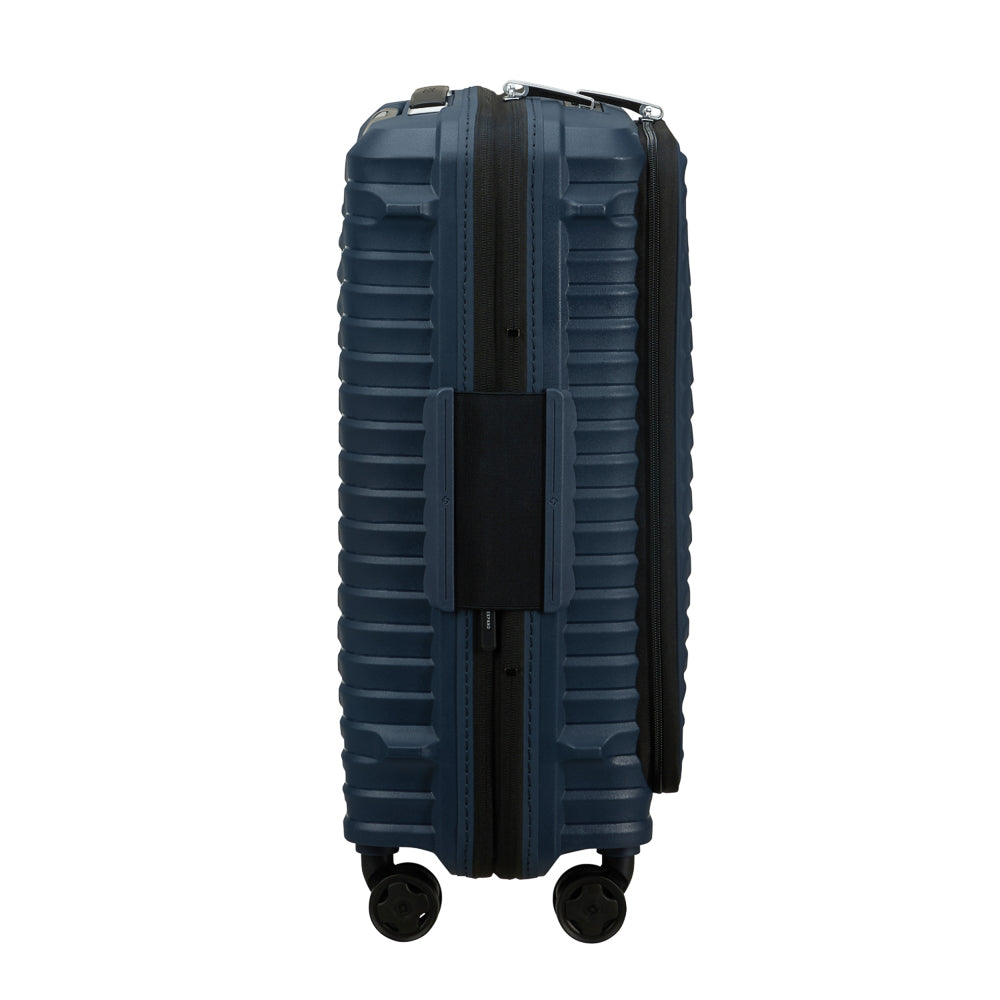 Blue 55cm cabin suitcase with front pocket by Samsonite, featuring smooth wheels and a durable exterior.