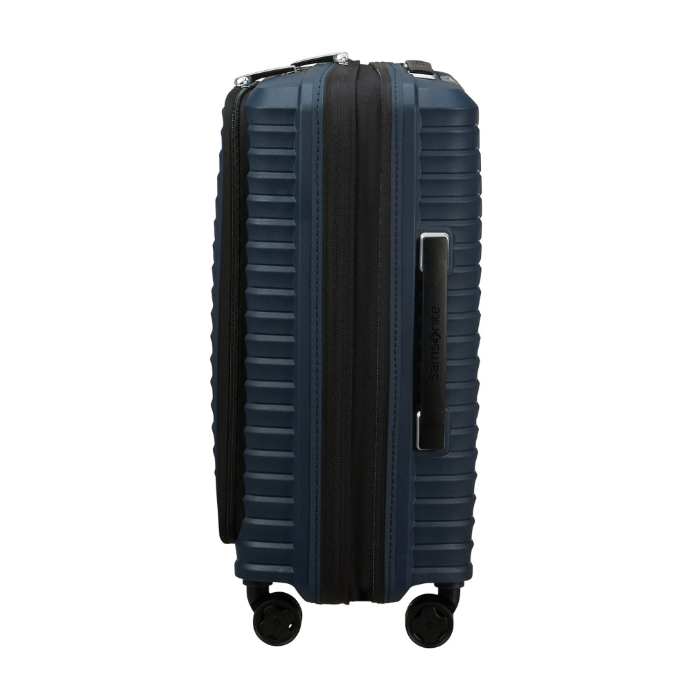 Blue 55cm Cabin Front Pocket Suitcase by Samsonite, featuring a sleek design and spacious front pocket for easy access.