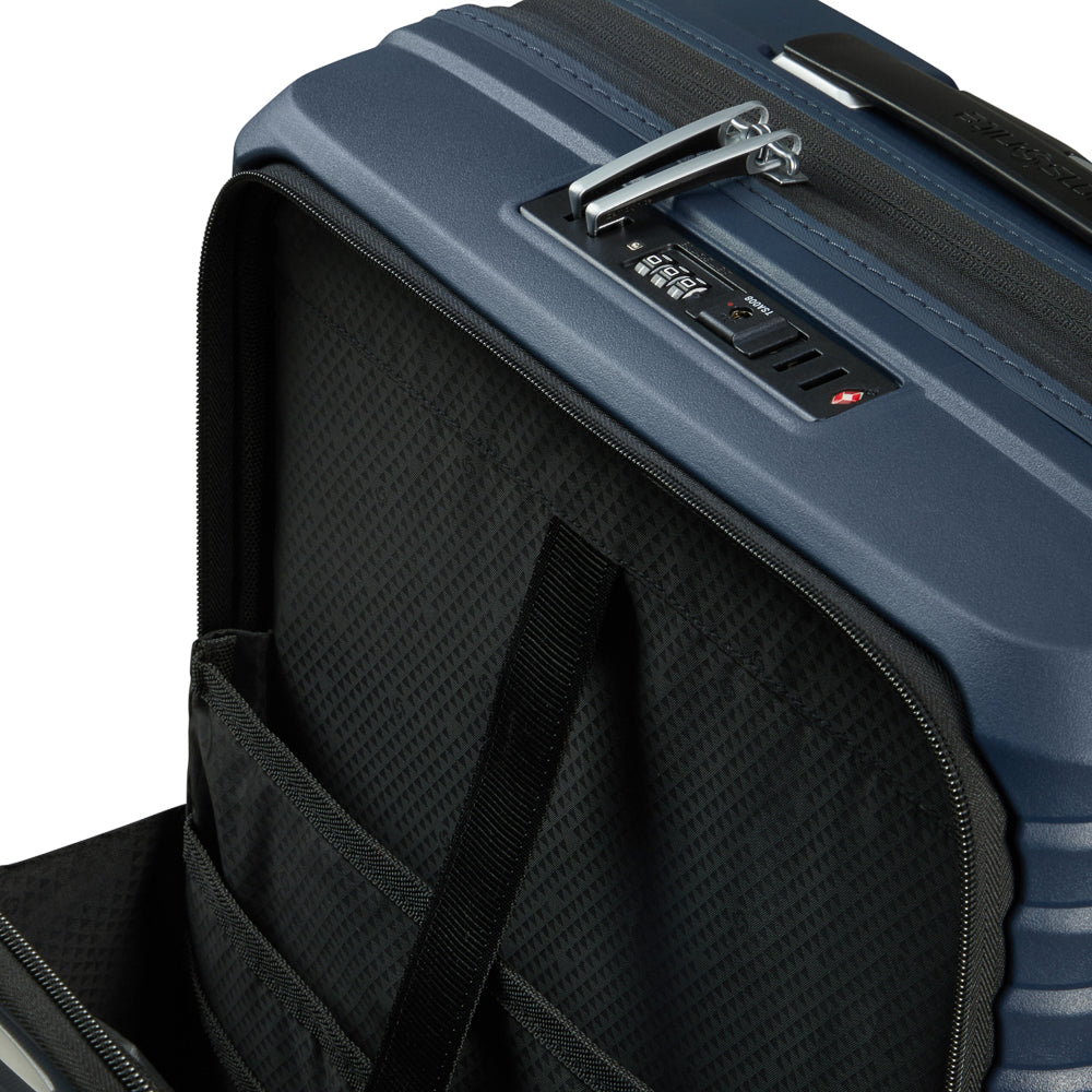 Samsonite 55cm Upscape cabin suitcase in blue with a front pocket and sturdy wheels for easy travel.
