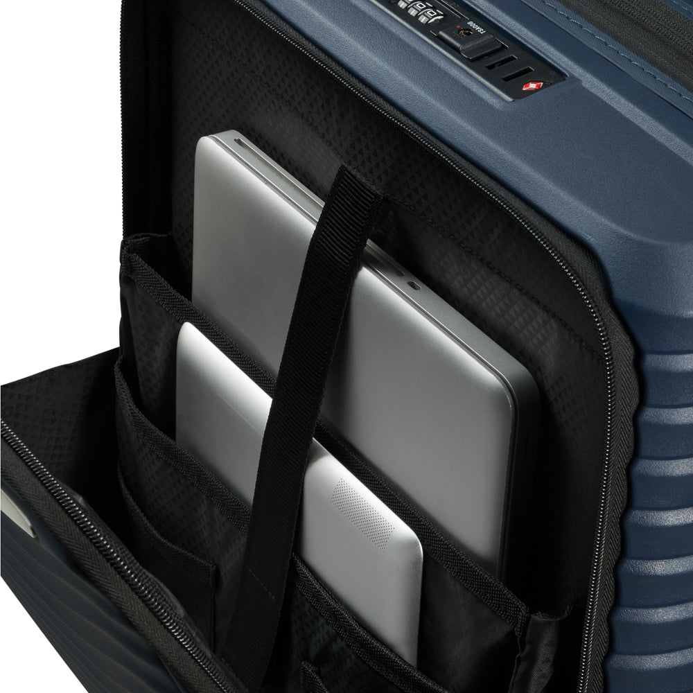 Blue 55cm Samsonite Upscape cabin suitcase with front pocket, showcasing durable design and smooth wheels.