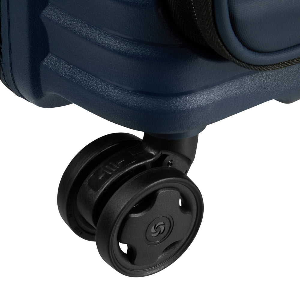 Samsonite Upscape 55cm blue cabin suitcase with front pocket, featuring smooth wheels and sturdy handle for easy travel.