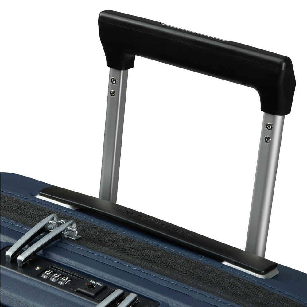 Samsonite Upscape 55cm cabin suitcase in blue with front pocket and wheels, perfect for travel.