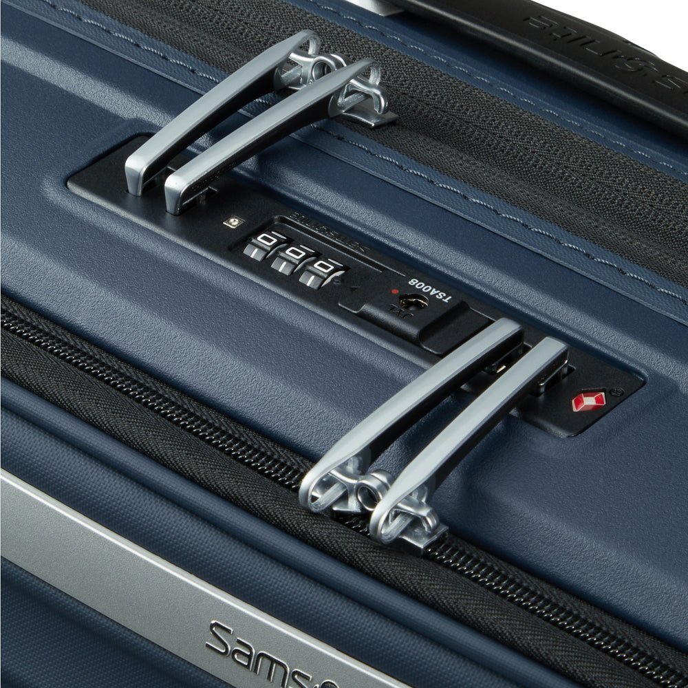 Blue 55cm Samsonite Upscape cabin suitcase with front pocket, showcasing sleek design and durable material.