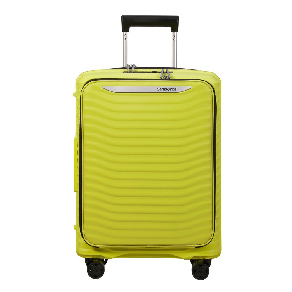 Lime green 55cm cabin suitcase by Samsonite with a front pocket and smooth wheels, ideal for travel.