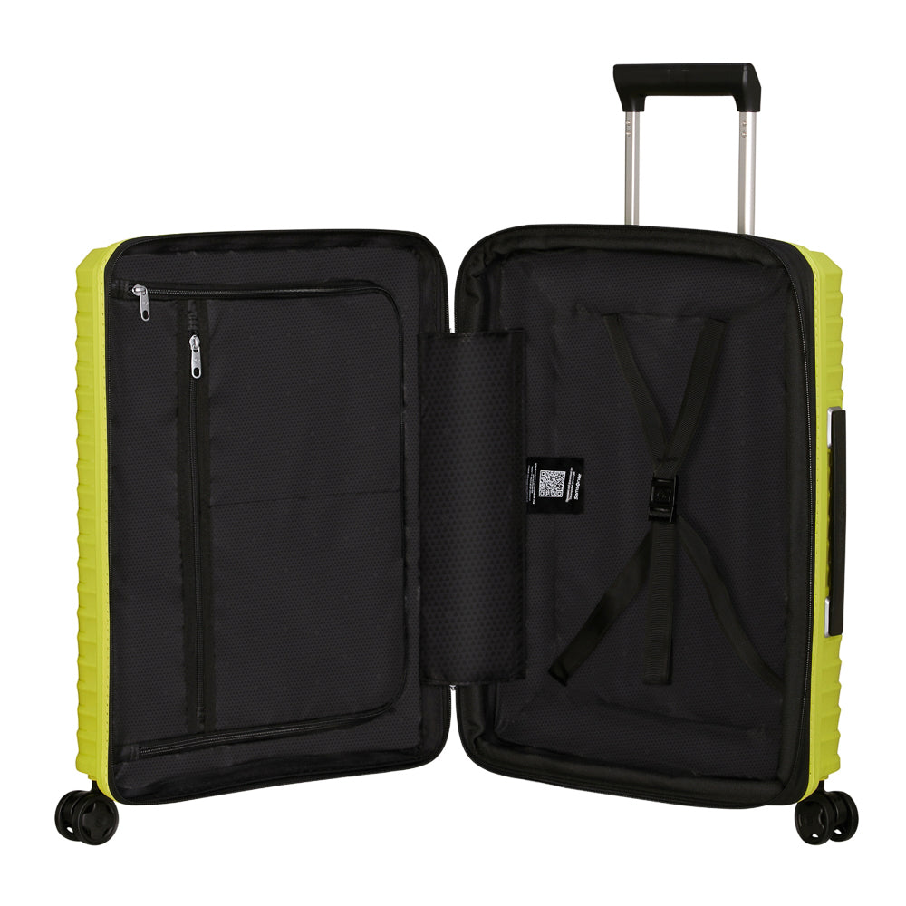 55cm Samsonite Upscape cabin suitcase in lime green with front pocket, showcasing sleek design and sturdy wheels.