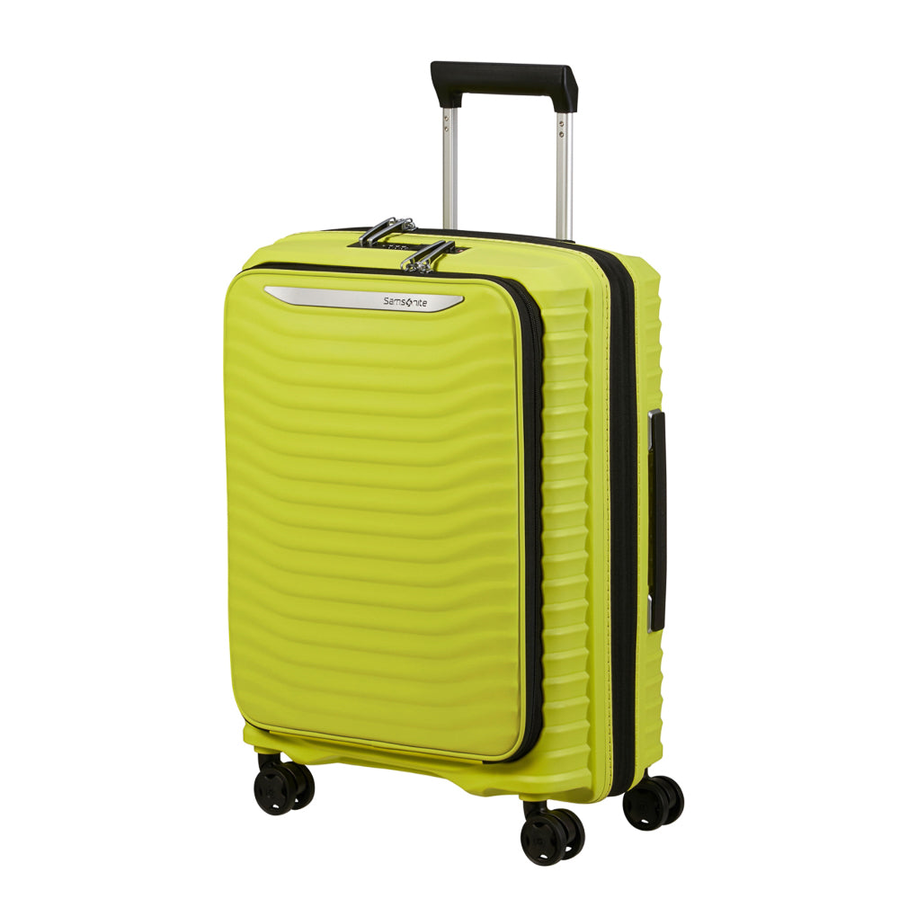55cm lime green Samsonite Upscape cabin suitcase with front pocket and smooth wheels, ideal for travel.