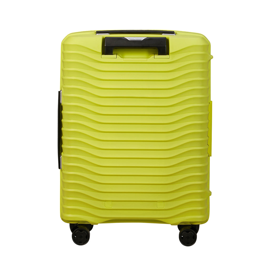 Lime green 55cm Samsonite Upscape cabin suitcase with front pocket, showcasing durable design and sleek style.