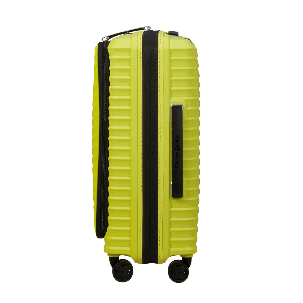 55cm lime green Samsonite Upscape cabin suitcase with front pocket and wheels, showcasing its sleek design and durability.
