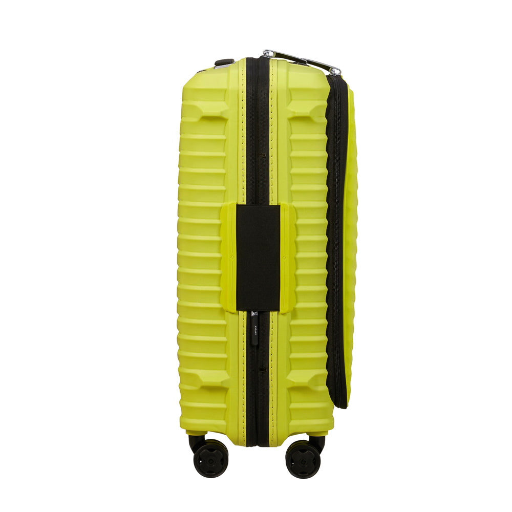 Lime green 55cm Samsonite Upscape cabin suitcase with front pocket, showcasing its sleek design and durable material.