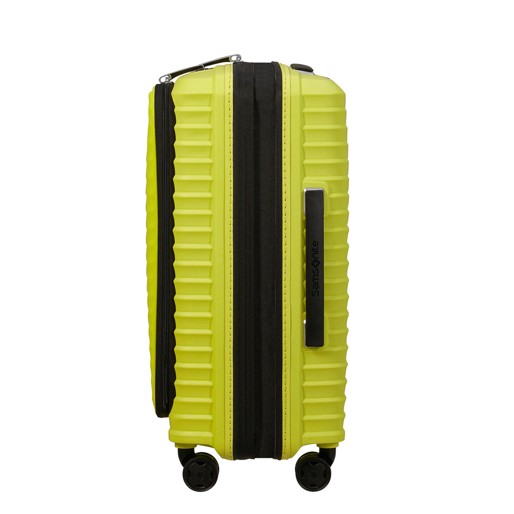 Lime green 55cm cabin suitcase with front pocket by Samsonite, showcasing sleek design and durable material.