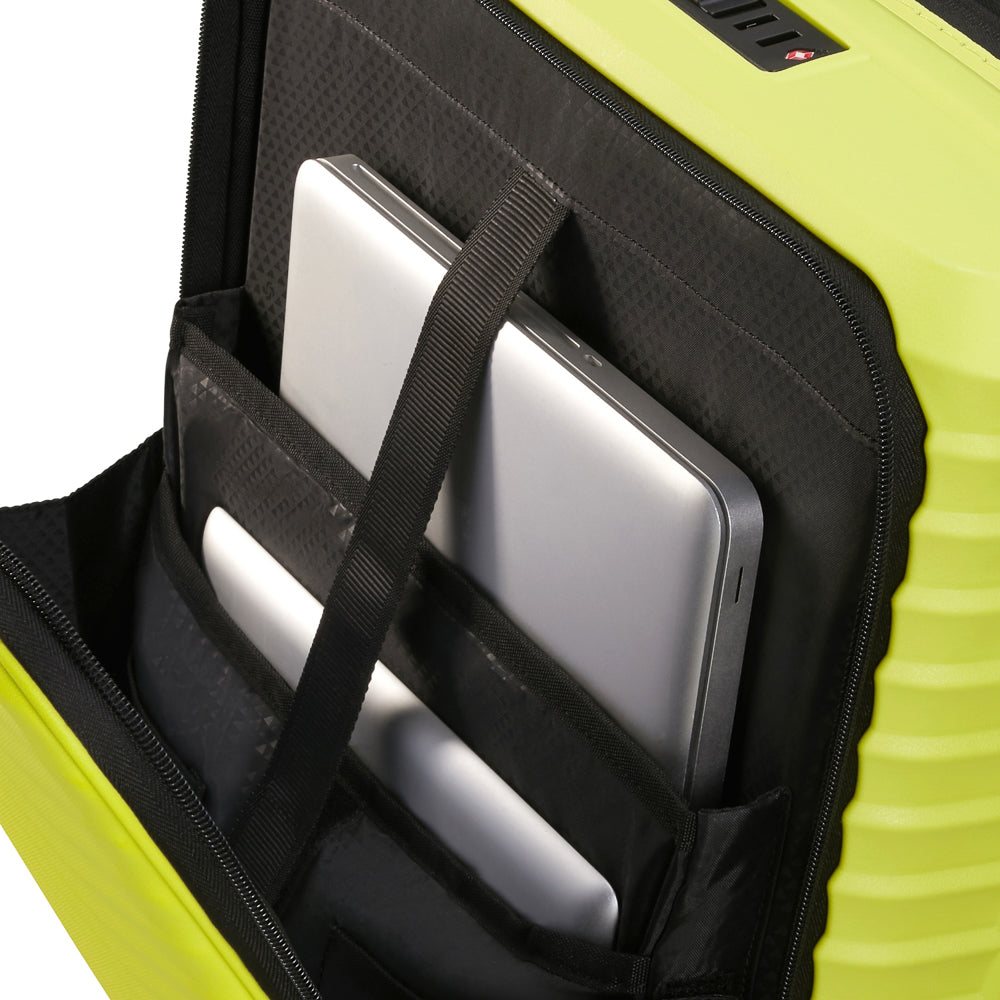 Lime green 55cm cabin suitcase with front pocket by Samsonite, featuring smooth wheels and sturdy handles.