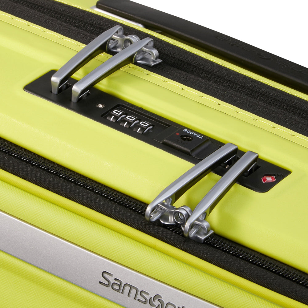 Lime green 55cm Samsonite Upscape cabin suitcase with front pocket, showcasing durable design and compact size.