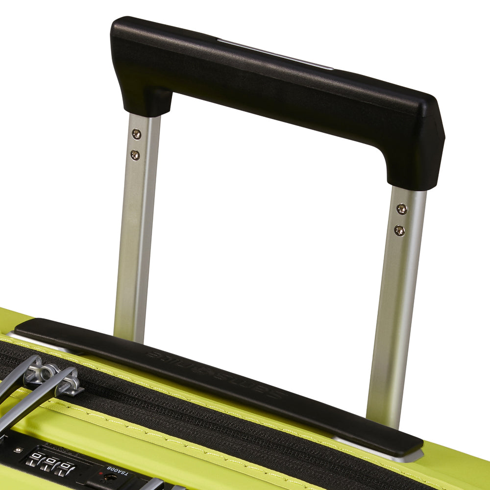 Lime green 55cm Samsonite Upscape cabin suitcase with front pocket and smooth wheels on a white background.