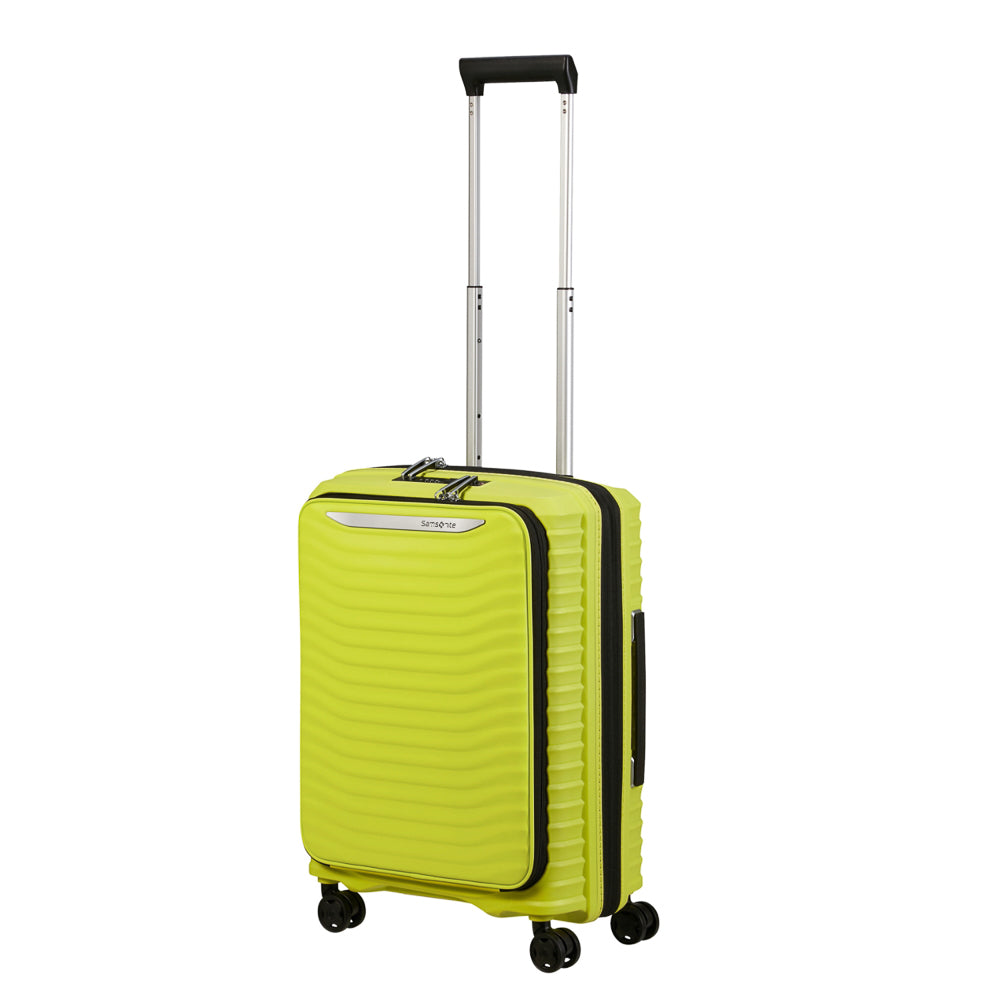 Lime green 55cm cabin front pocket suitcase by Samsonite, showcasing sleek design and durable material.