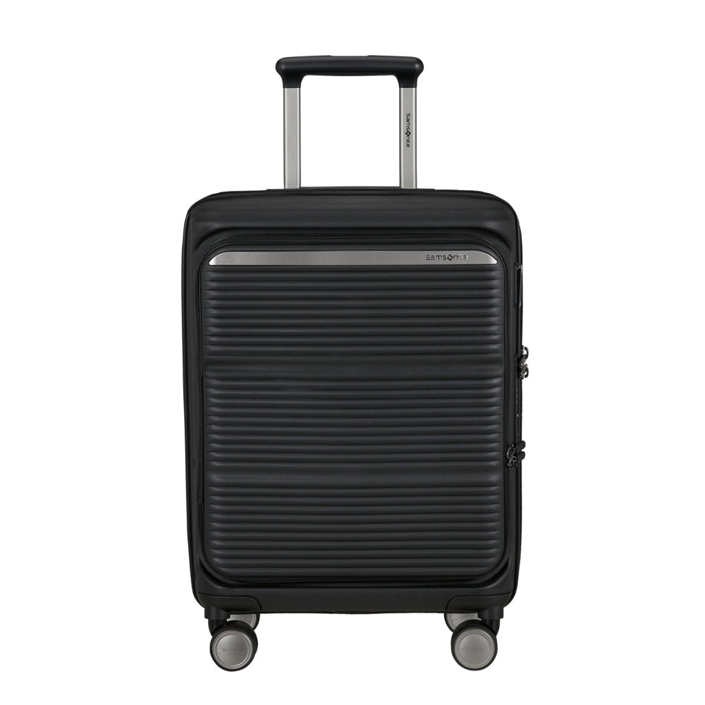 Samsonite 55cm black cabin suitcase with front pocket, featuring a sleek design and durable construction.