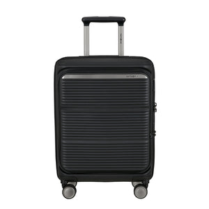 Samsonite 55cm black cabin suitcase with front pocket, featuring a sleek design and durable construction.
