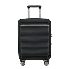 Samsonite 55cm black cabin suitcase with front pocket, featuring a sleek design and durable construction.
