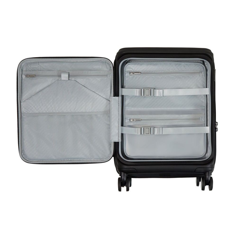 Samsonite 55cm black cabin suitcase with front pocket, showcasing a sleek design and durable construction.