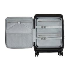 Samsonite 55cm black cabin suitcase with front pocket, showcasing a sleek design and durable construction.