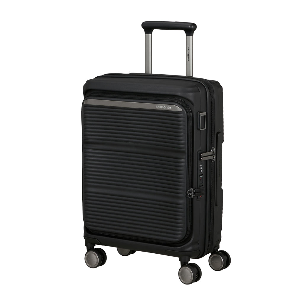 Samsonite 55cm black cabin suitcase with front pocket, showcasing a sleek design and durable material.