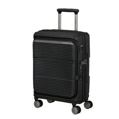 Samsonite 55cm black cabin suitcase with front pocket, showcasing a sleek design and durable material.