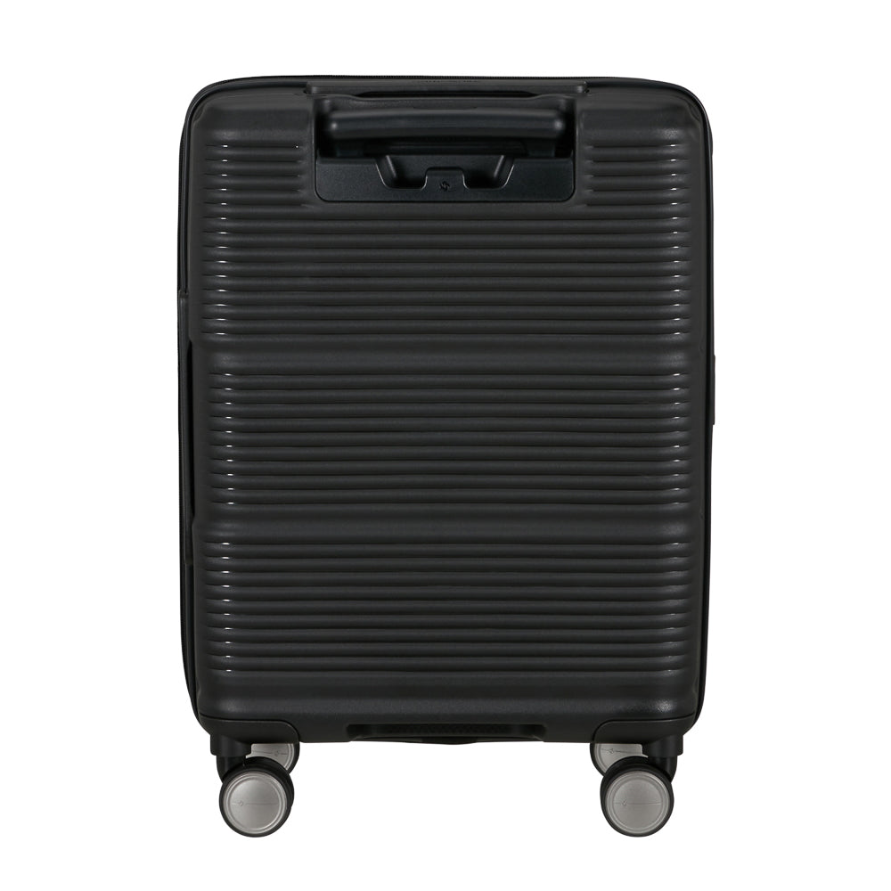 Samsonite 55cm cabin suitcase in black with front pocket, ideal for travel and easy organization.