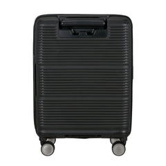 Samsonite 55cm cabin suitcase in black with front pocket, ideal for travel and easy organization.