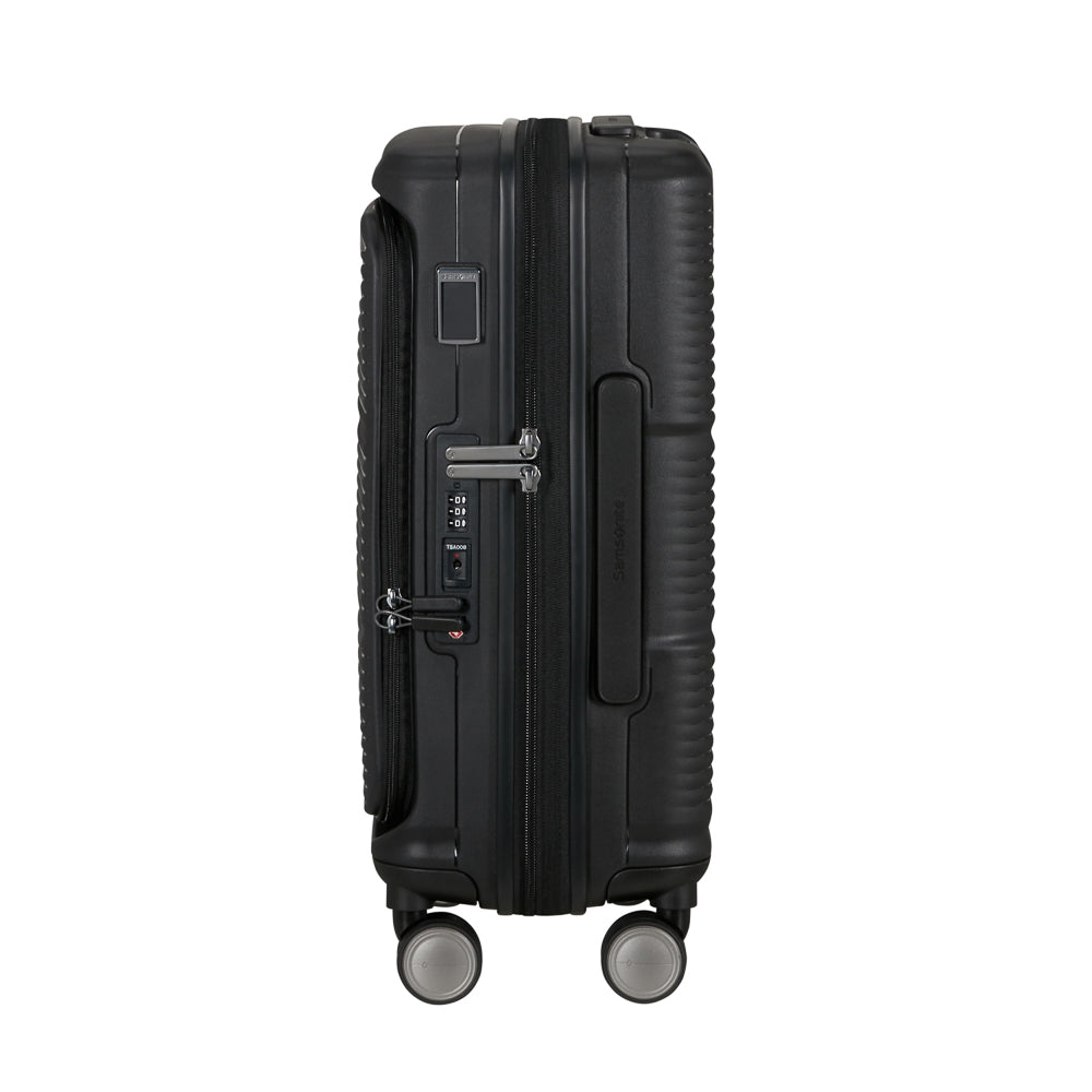 55cm black cabin suitcase with front pocket by Samsonite, featuring smooth wheels and sturdy handle for easy travel.