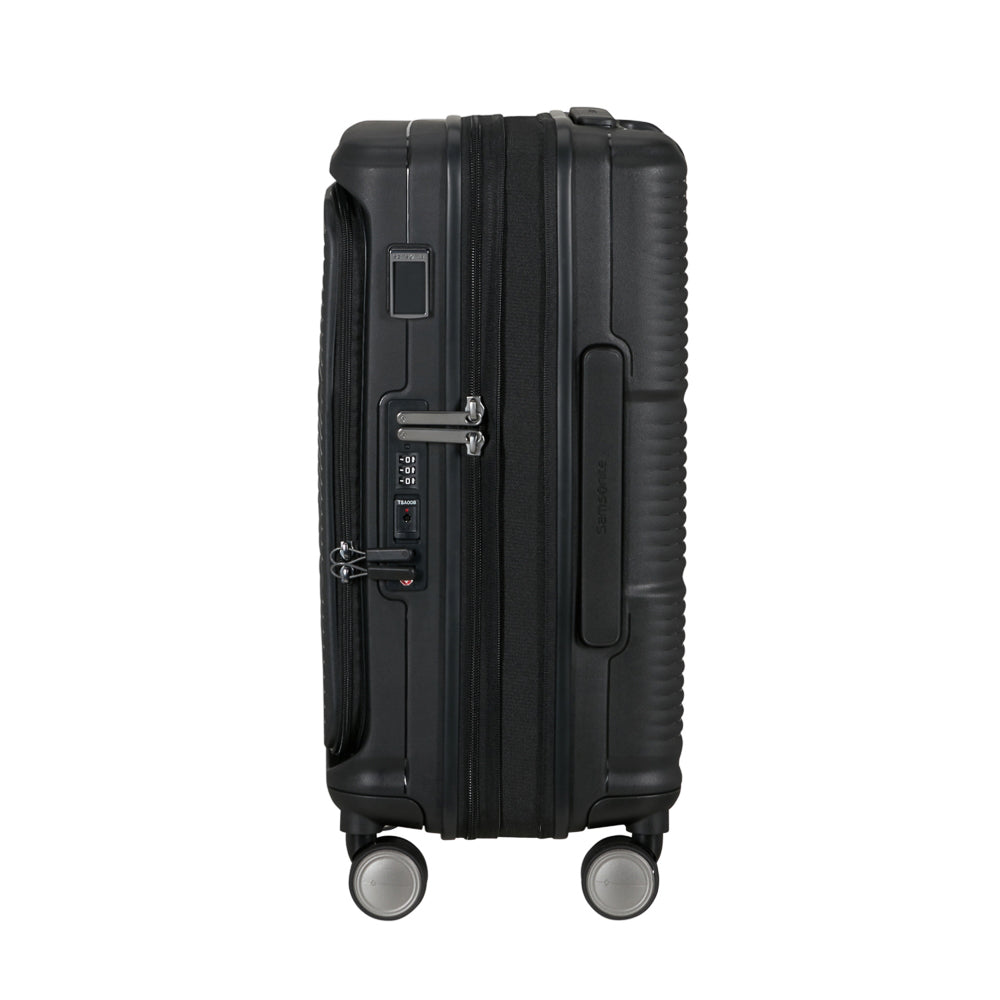 Black 55cm cabin suitcase with front pocket by Samsonite, featuring smooth wheels and durable material for travel convenience.