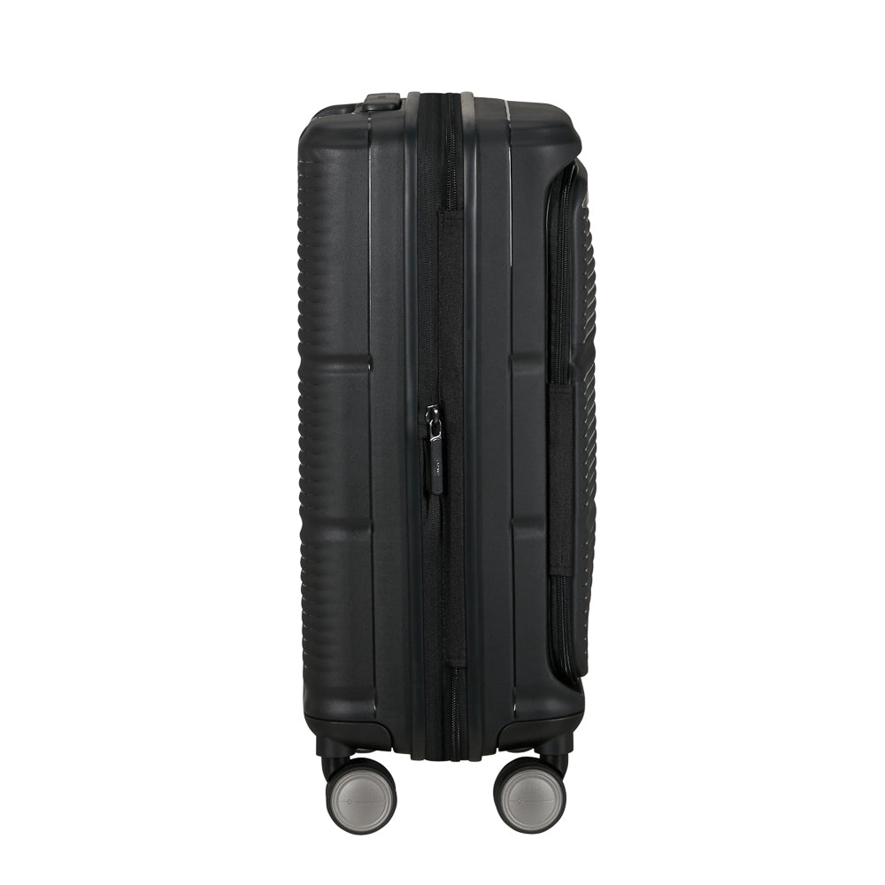 Black 55cm cabin suitcase with front pocket from Samsonite Luggage, showcasing durable design and compact size for travel.