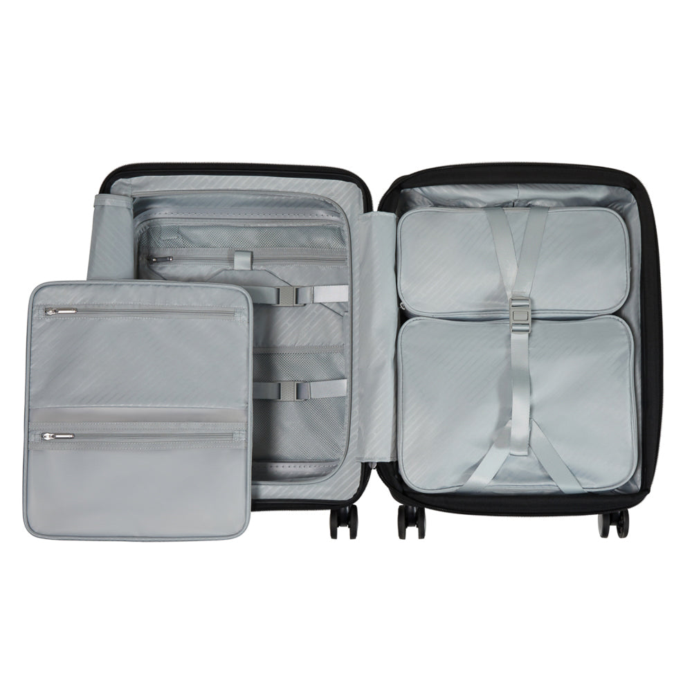 Samsonite 55cm cabin suitcase in black with a front pocket, showcasing durable design and spacious interior.