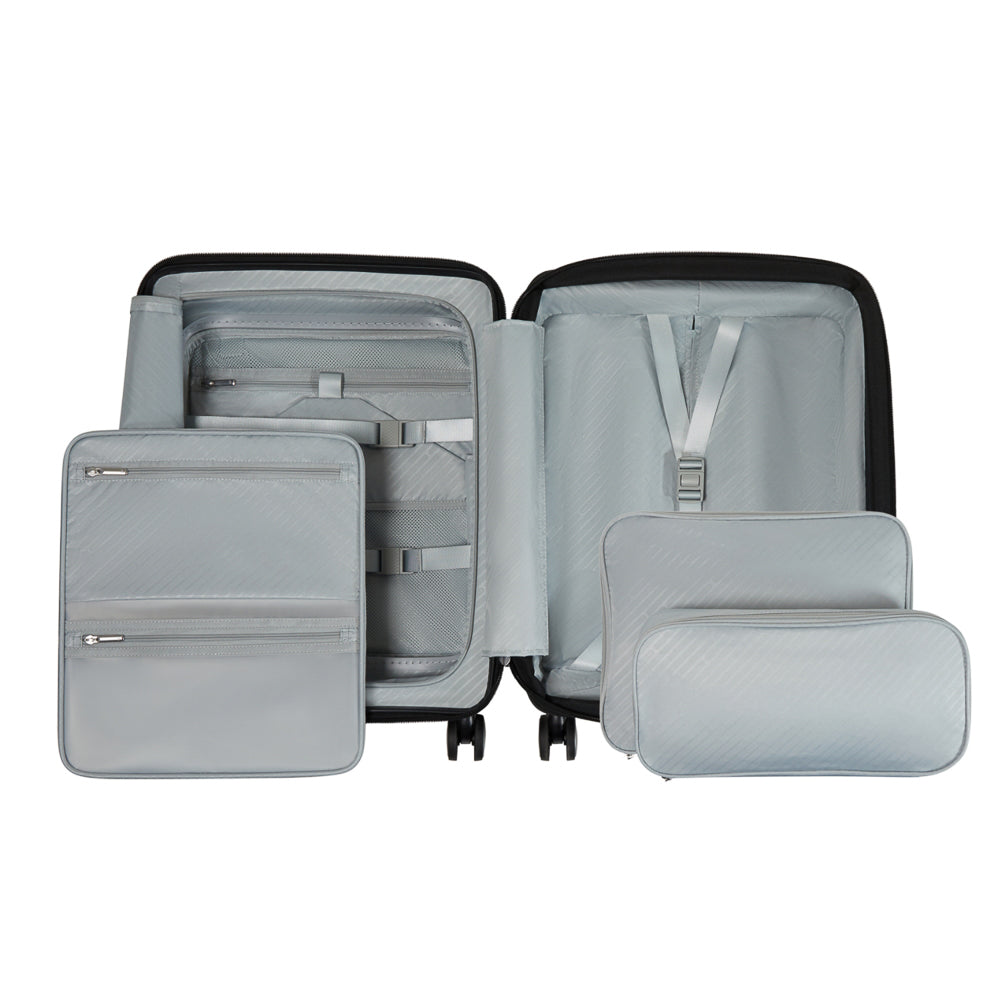Samsonite 55cm black cabin suitcase with front pocket, featuring wheels and a sturdy handle for easy travel.