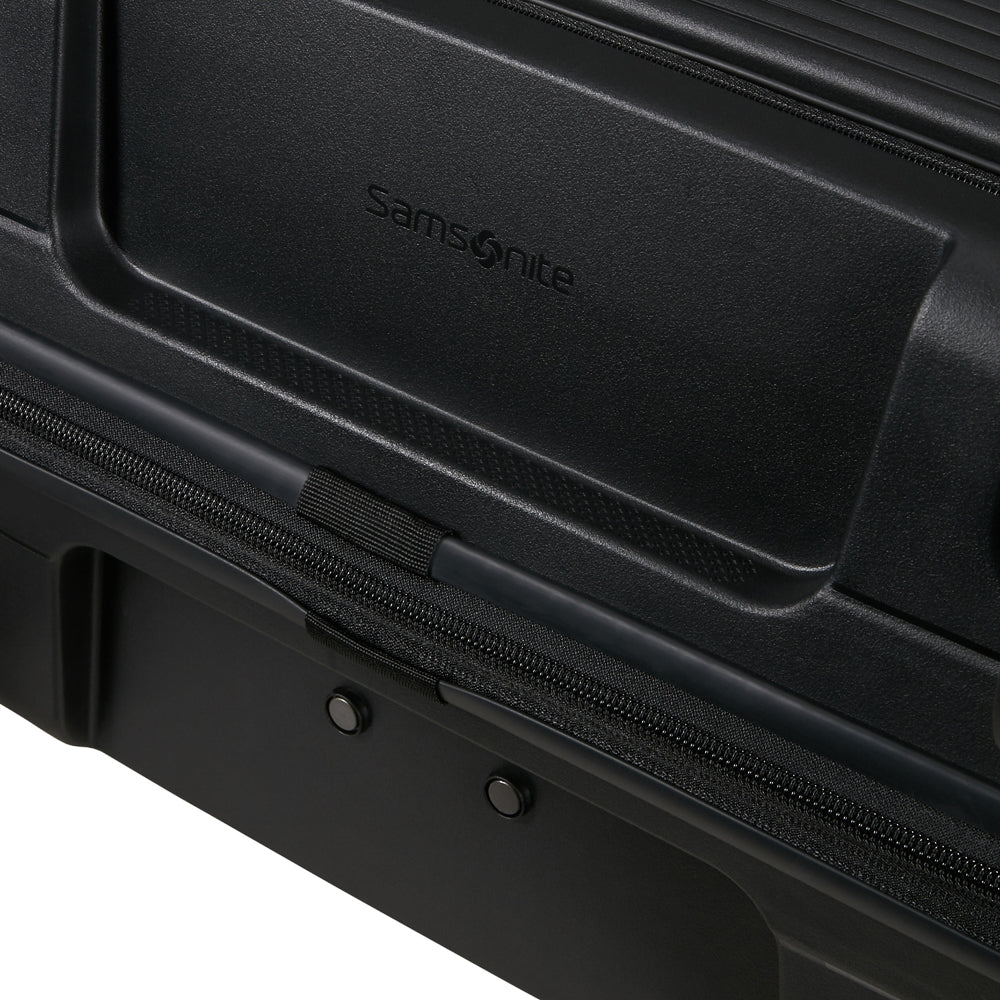 Black 55cm Cabin Suitcase with front pocket by Samsonite, showcasing durable design and spacious interior.
