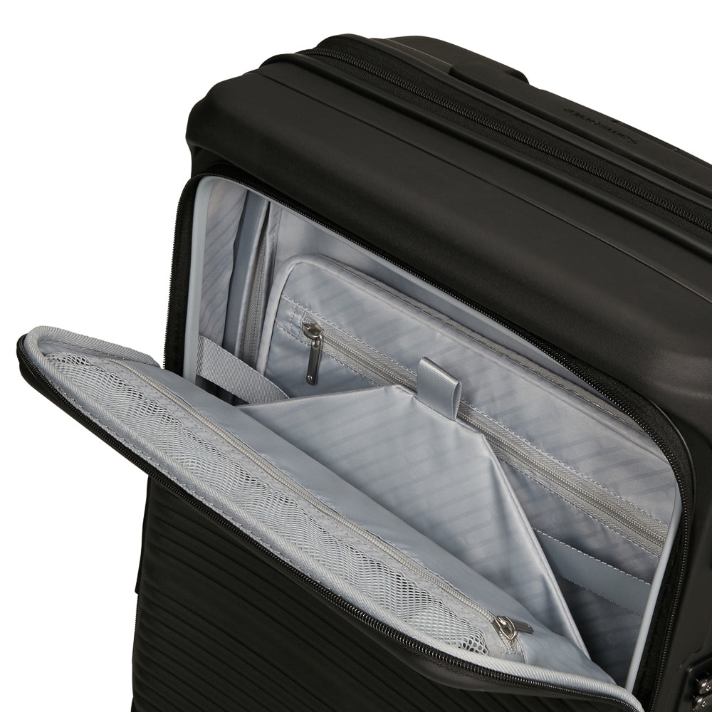Samsonite Paralux 55cm black cabin suitcase with front pocket design, ideal for travel and easy organization.