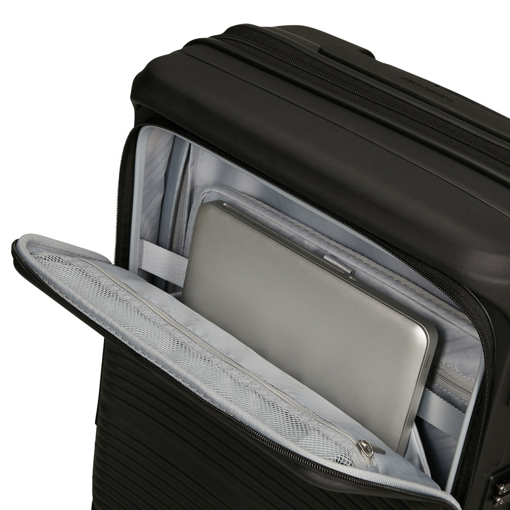 Samsonite 55cm black cabin suitcase with front pocket, showcasing sleek design and durable material.