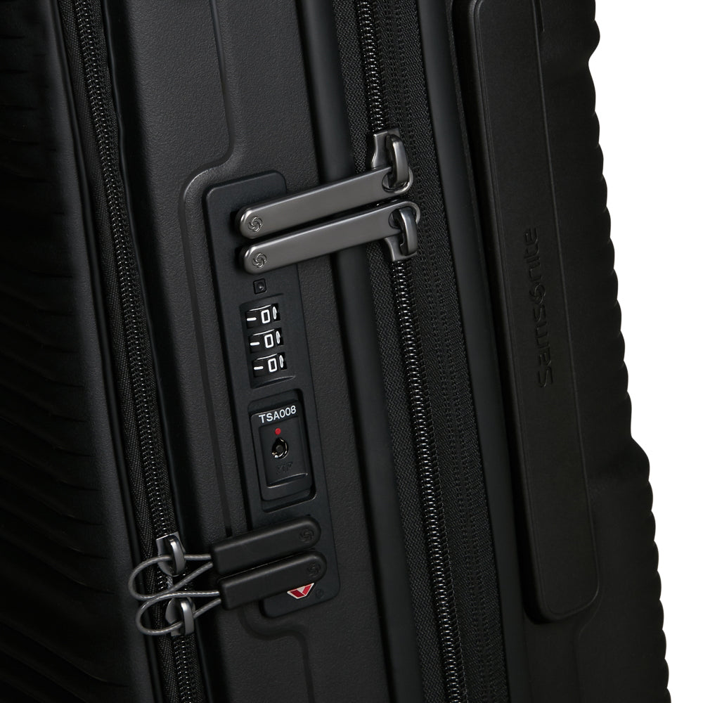 Black 55cm Samsonite Paralux cabin suitcase with front pocket, showcasing sleek design and durable material.