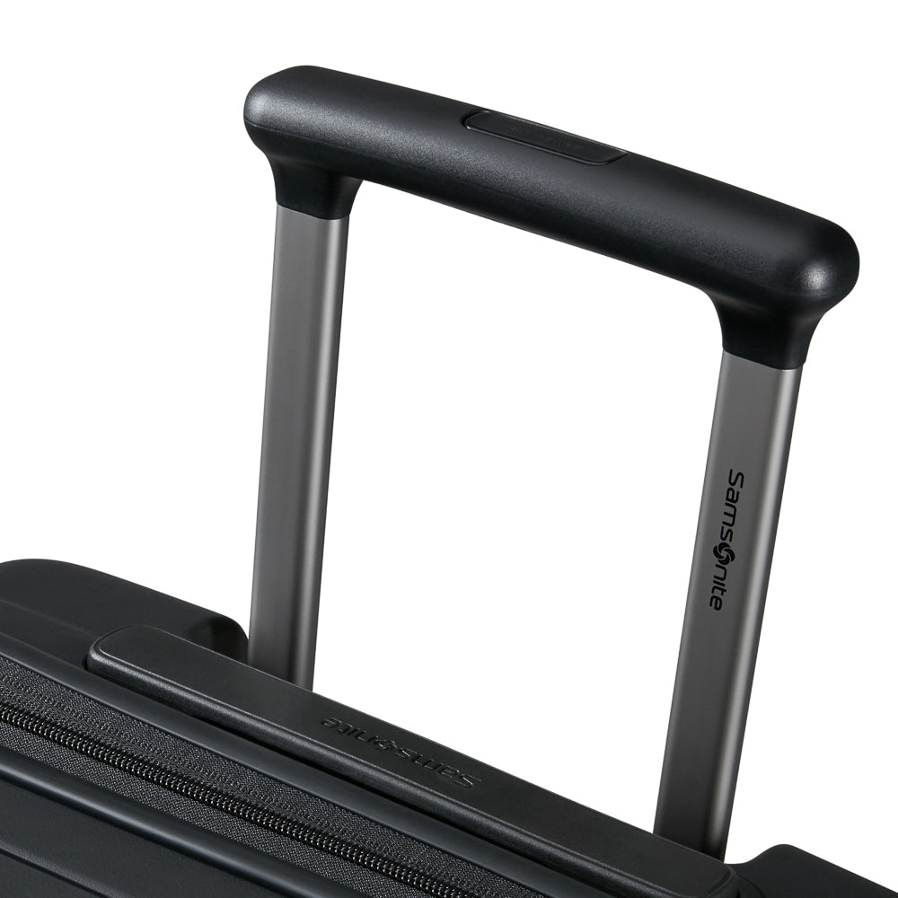 Samsonite 55cm black cabin suitcase with front pocket, showcasing durable design and compact size for travel.