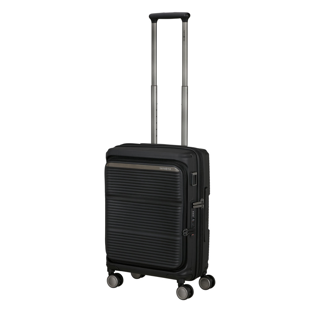 55cm black cabin suitcase with front pocket by Samsonite, showcasing sleek design and durable material.