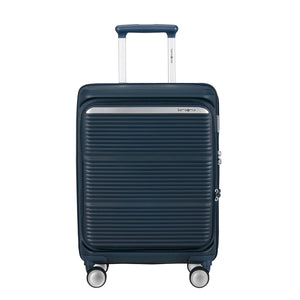 Navy 55cm Samsonite Paralux cabin suitcase with front pocket, showcasing a sleek design and durable material.