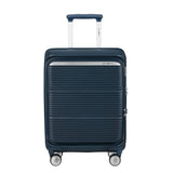 Navy 55cm Samsonite Paralux cabin suitcase with front pocket, showcasing a sleek design and durable material.