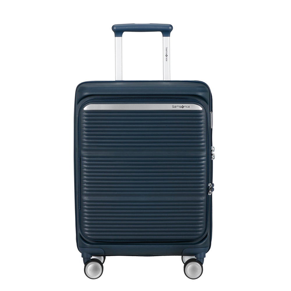Navy 55cm Samsonite Paralux cabin suitcase with front pocket, showcasing a sleek design and durable material.