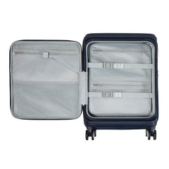 Navy 55cm cabin suitcase with front pocket by Samsonite, showcasing durable design and compact travel convenience.