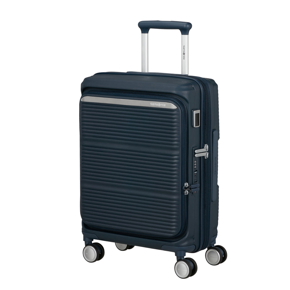 Navy 55cm Samsonite Paralux cabin suitcase with front pocket, showcasing durable design and compact size.