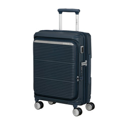 Navy 55cm Samsonite Paralux cabin suitcase with front pocket, showcasing durable design and compact size.