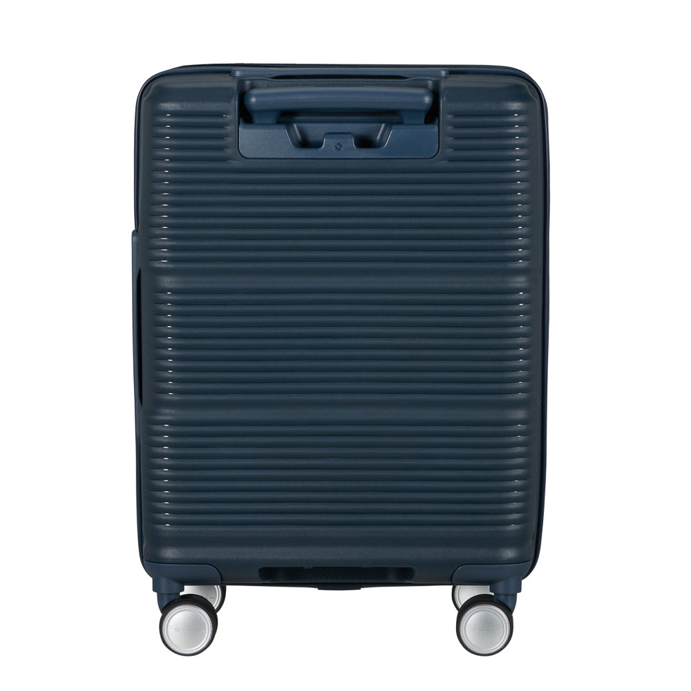 Navy 55cm cabin suitcase with front pocket by Samsonite, featuring durable material and sleek design for travel convenience.