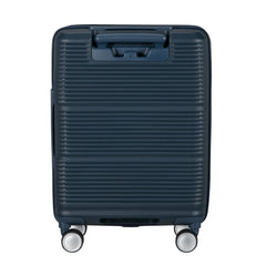 Navy 55cm cabin suitcase with front pocket by Samsonite, featuring durable material and sleek design for travel convenience.