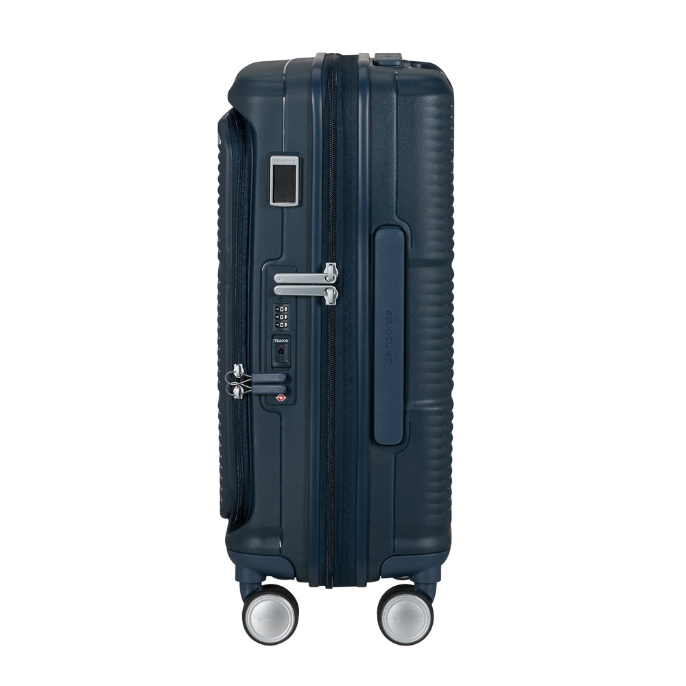 Navy Samsonite 55cm cabin suitcase with front pocket, showcasing durable design and compact size for travel convenience.