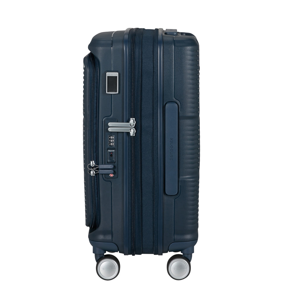 Navy 55cm Samsonite Paralux cabin suitcase with front pocket and wheels, shown against a neutral background.
