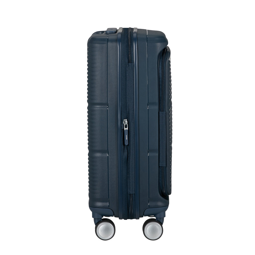 Navy 55cm Samsonite cabin suitcase with front pocket, featuring durable design and smooth wheels for easy travel.